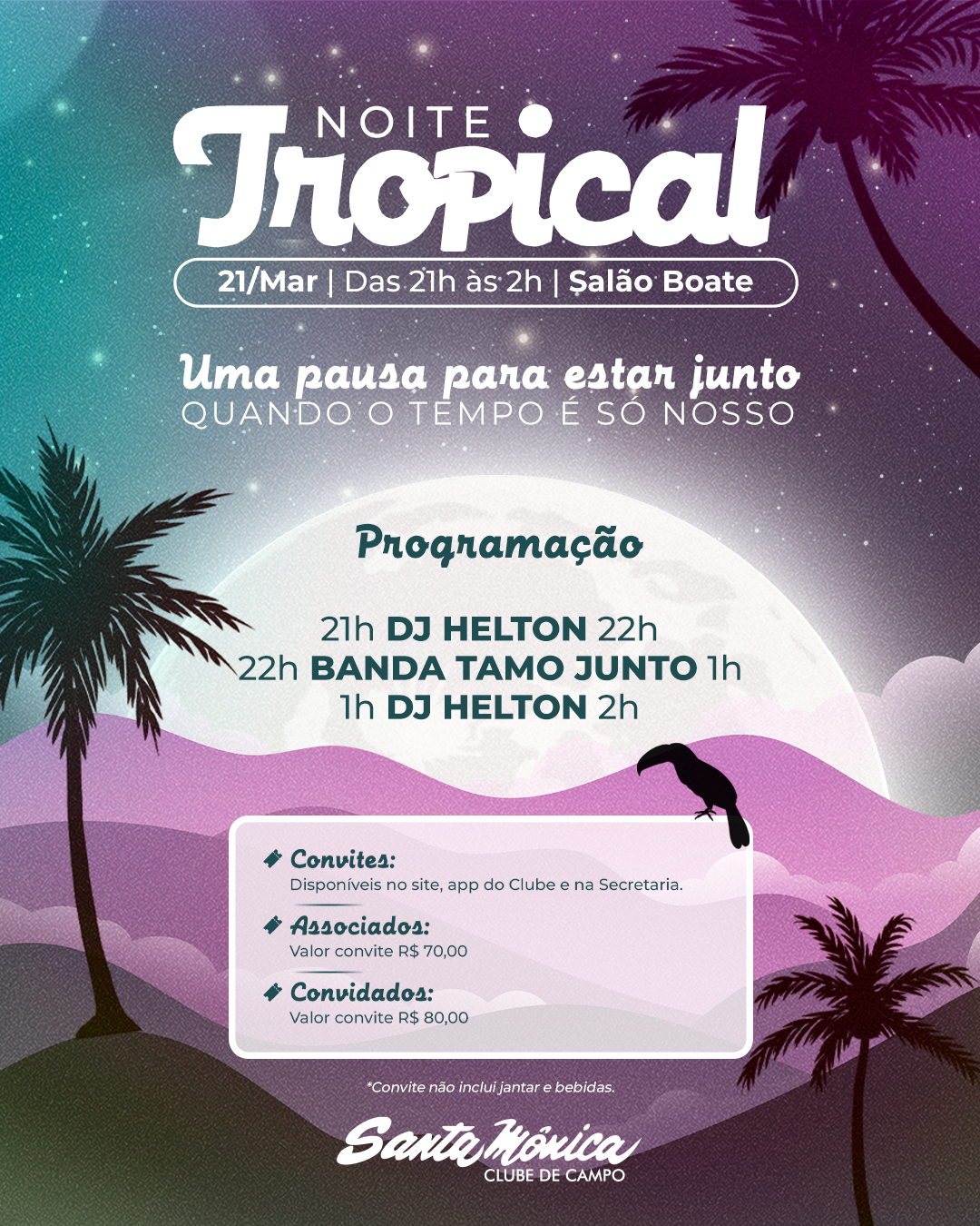 Noite Tropical no Santa Mônica acontece em 21 de março com música ao vivo e clima de verão