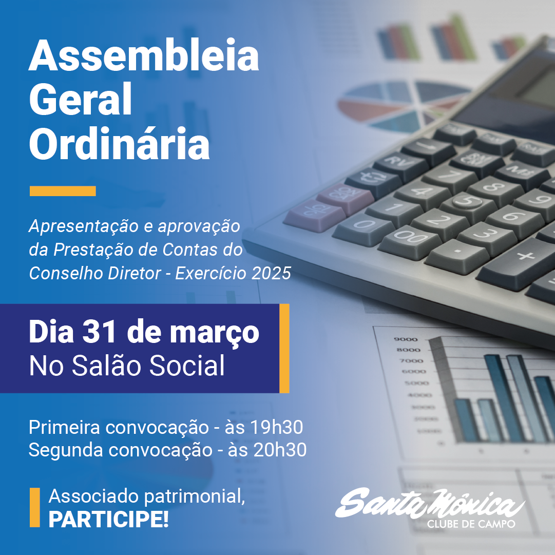 Assembleia Geral Ordinária será realizada em 31 de março no Salão Social